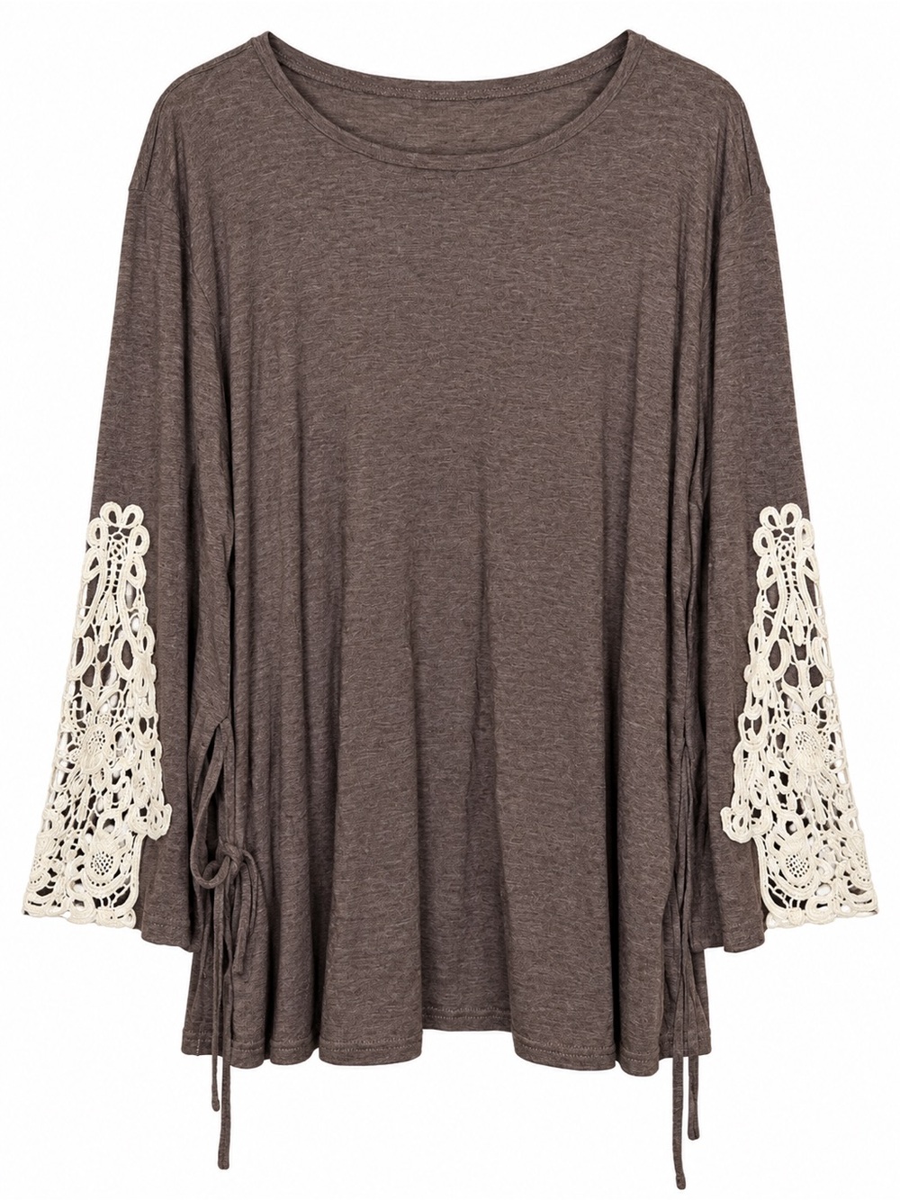 Brown Tunic Top Women’s 2X Crochet Lace Bell Sleeve Boho Stretch